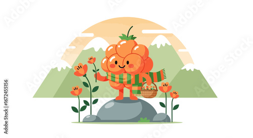 Cheerful Cloudberry Character Collecting Flowers with a Basket in the Mountain Meadow