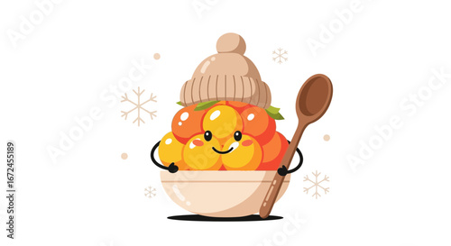 Cheerful Cloudberries Serving in Winter, Cartoon Illustration with a Wooden Spoon