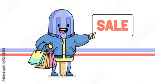 Cheerful Colorful Ice Pop Mascot Promoting Sale and Holding Shopping Bags
