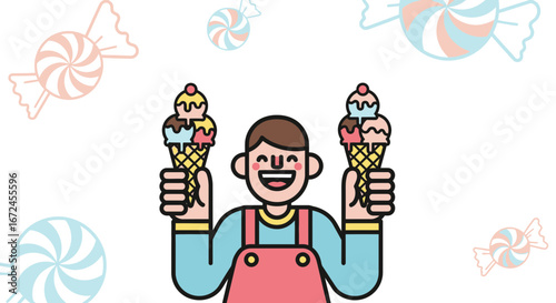 Cheerful Confectioner Showcasing Ice Cream Cones With Delightful Candy Accents All Around