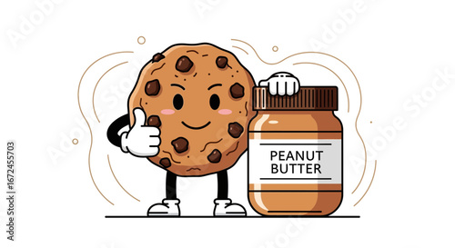Cheerful Cookie Demonstrates Approval For Peanut Butter, Illustrative Dessert Concept