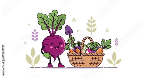 Cheerful Beet Delivering Basket Of Fresh Harvested Garden Vegetables In Illustration