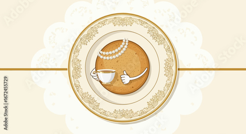 Cheerful Cookie Enjoying Coffee and Adornments On a Decorative Plate With Ornamental Design