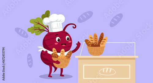 Cheerful Beetroot Baker Presenting Freshly Baked Breads In A Delightful Visual Cartoon