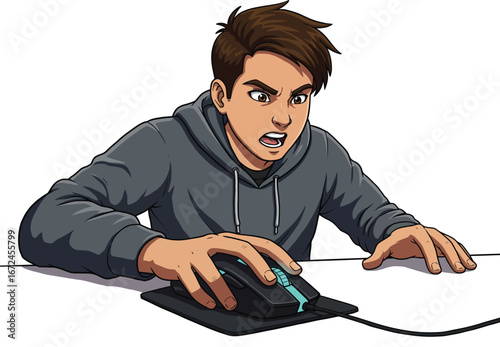 Illustration of a young male getting angry while playing a video game, isolated on white background 