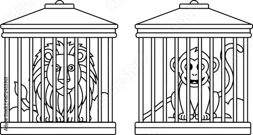 Lion and Monkey in Classic Outline Cages:  Captive Animals Illustration