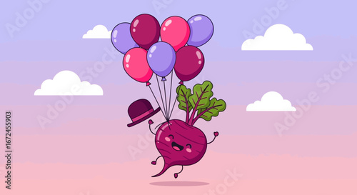 Cheerful Beetroot Character Soaring High With Balloons Against a Pastel Sky Background