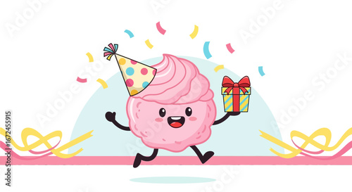 Cheerful Cupcake Character Celebrates a Festive Event With Gift and Colorful Confetti