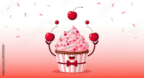 Cheerful Cupcake Juggling Cherries Against a Pink Background Filled With Happiness