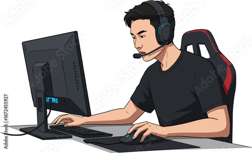 Illustration of an Asian E-Sports Video Game Player With A Headset, Monitor And Keyboard, Isolated On White Background