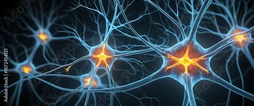 Neurons with glowing synapses firing electrical signals, macro view inside human brain 