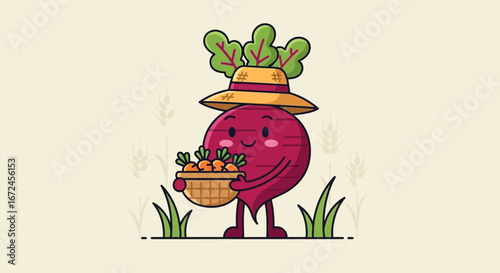 Cheerful Beetroot with a Hat Holding a Basket of Carrots in a Farm Scene