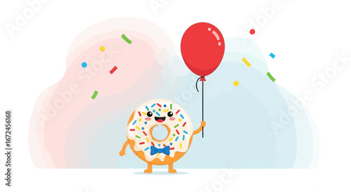 Cheerful Donut Holding A Red Balloon With Colorful Confetti Celebrating A Happy Moment