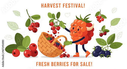 Cheerful Berry Character Presents a Basket Overflowing with Fresh Harvested Berries