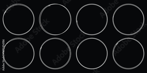 Hand drawn circle highlighter line sketch set. Vector marker circular lines, doodle round circles for message note mark design element isolated on black background.