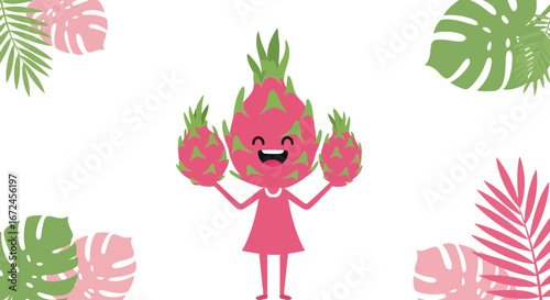 Cheerful Dragon Fruit Character Holding Dragon Fruit On White Background Illustration