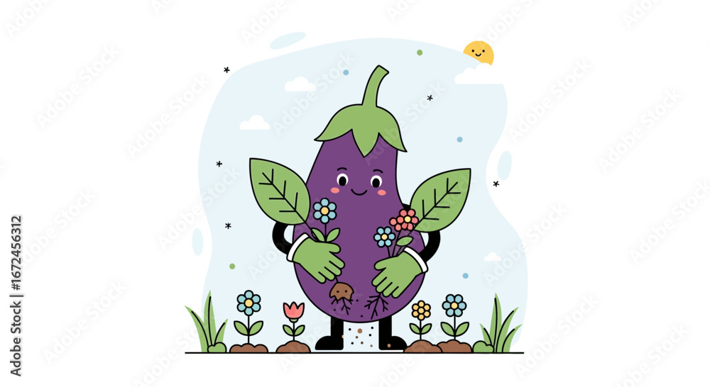 Fototapeta premium Cheerful Eggplant Character Embracing Flowers In A Whimsical Illustration
