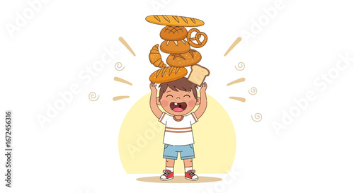 Cheerful Boy Balancing Various Bread Types on His Head Demonstrating Food Fun Illustration Image