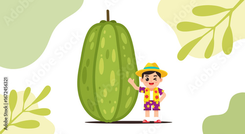 Cheerful Boy Beside Gigantic Fruit Representing Refreshment And Tropical Vibe