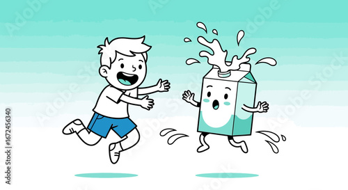 Cheerful Boy Chasing Milk Carton Illustration Depicting Fun and Playful Moments