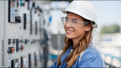 Woman engineer smiling in hard hat and safety glasses, standing at power plant control panel footage.