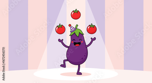 Cheerful Eggplant Juggles Tomatoes While Dancing In A Colorful Stage Spotlight