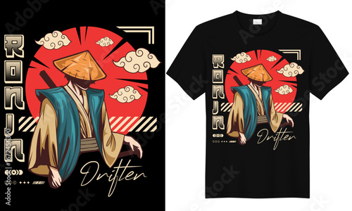Japanese streetwear t-shirt design featuring Ronin samurai drifter with straw hat, red sun and bold artworkJapanese streetwear t-shirt design featuring Ronin samurai drifter with straw hat, red sun an