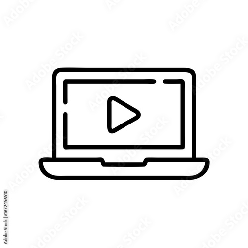 Laptop displaying video play icon in minimalist line art style  