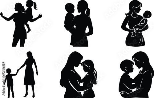 Vector art of collection of mother and child silhouettes showing love and care