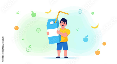 Cheerful Boy Holding Giant Juice Carton With Wholesome Fruits Illustration