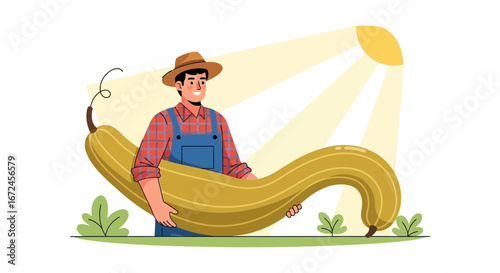Cheerful Farmer Displaying Abundant Harvest of a Long, Giant Squash in Sunlight