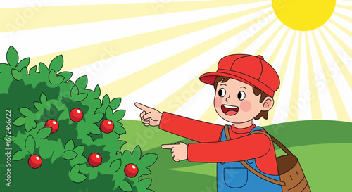 Cheerful Boy Points Towards A Lush Bush Laden With Perfectly Ripe Red Berries Illustration