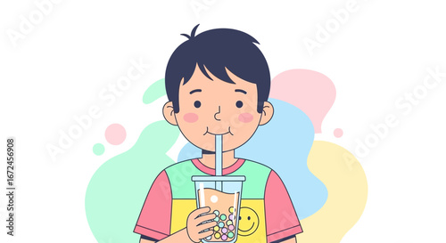 Cheerful Boy Savoring Boba Tea Enjoying Refreshment In A Fun And Colorful Graphic