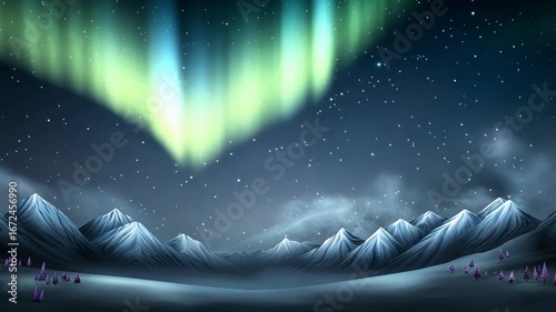 A breathtaking natural spectacle unfolds in the night sky as colorful northern lights dance above a tranquil winter landscape
