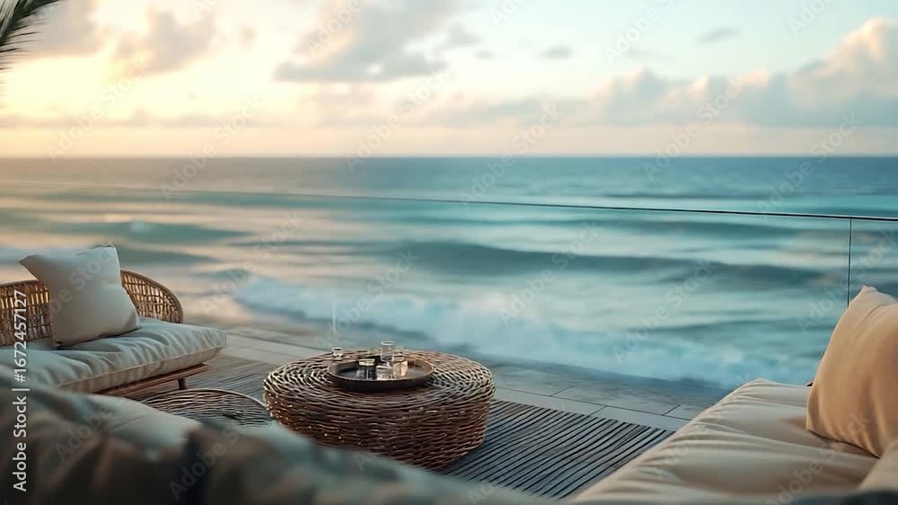 Serene Oceanfront Balcony Retreat: Relaxing Wicker Furniture and Gentle Waves at Sunset