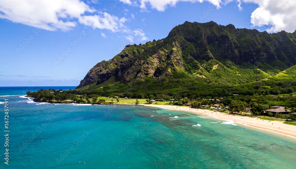 Obraz premium Aerial View of a Lush Green Mountain Overlooking a Tropical Beach and Turquoise Ocean.