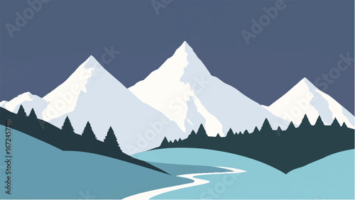 Mountains Covered with Snow. Mountain Landscape. Minimalist Illustration of Snow-Capped Mountains.