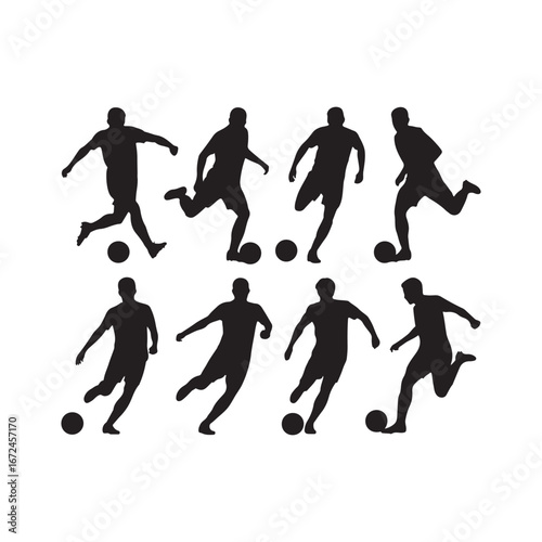 Dynamic soccer player silhouettes capturing eight distinct kicking and posing actions vector