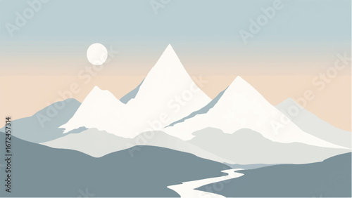 Mountains Covered with Snow. Mountain Landscape. Minimalist Illustration of Snow-Capped Mountains.