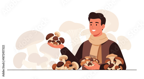 Cheerful Forager Displays Harvested Mushrooms, Smiling and Proud About The Variety