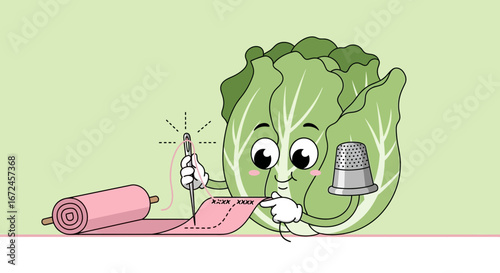 Cheerful Cabbage Crafts, Stitching with Needle, Thimble, and Pink Fabric Roll