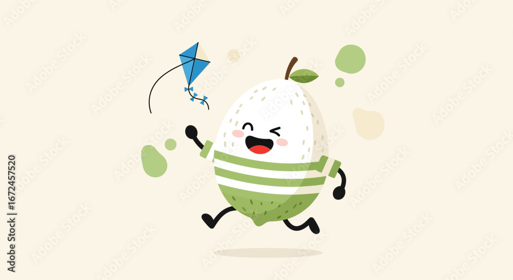 Obraz premium Cheerful Fruit Character Plays With Kite, Symbolizing Joy and Whimsical Fun Elements