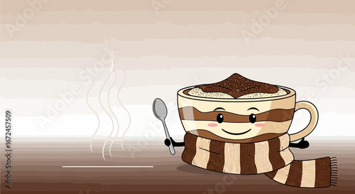 Cheerful Cappuccino Cup Character Smiling While Wearing a Scarf and Holding a Spoon