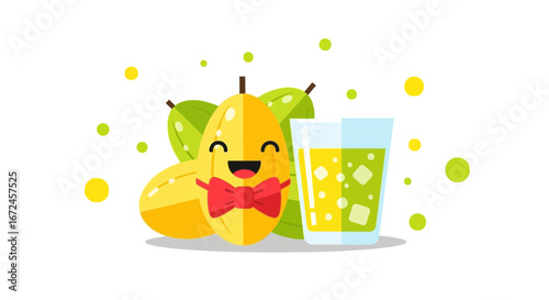 Cheerful Carambola Cartoon With A Bowtie Smiling Next To Fresh Juice and Green Leaves