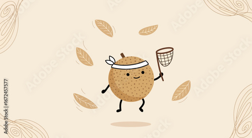 Cheerful Fruit Character Tries To Catch Falling Leaves With A Net In Illustration Format