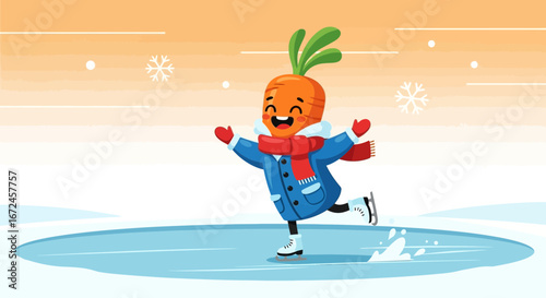 Cheerful Carrot Character Ice Skating in Winter Season with Snowflakes, Fun And Joy.