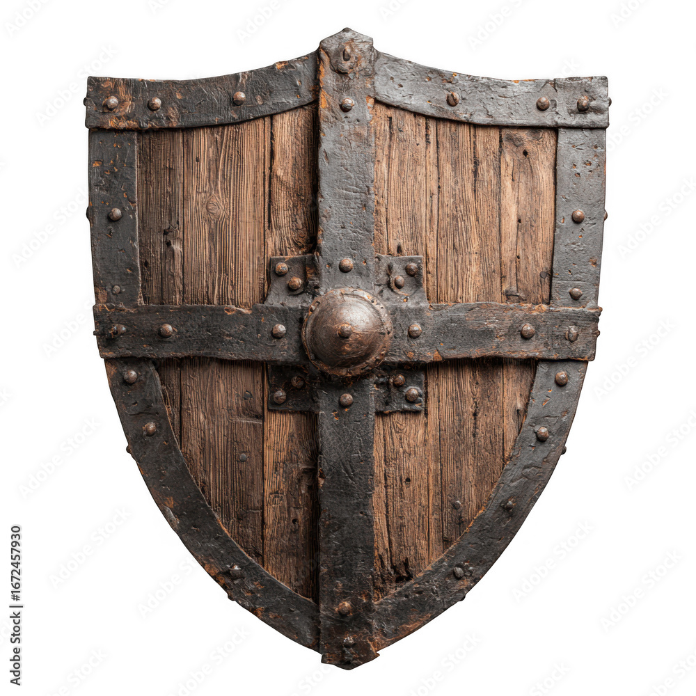 Fototapeta premium Detailed medieval wooden kite shield with metal reinforcements and central boss isolated on transparent background