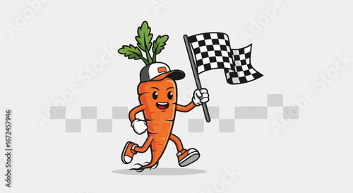 Cheerful Carrot Character Winning a Race with the Checkered Flag, A Vector Illustration