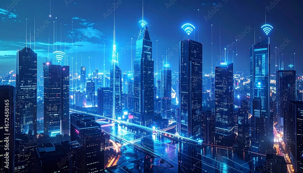 Obraz premium Cyberpunk city with glowing WiFi symbols above skyscrapers at night, blue atmosphere