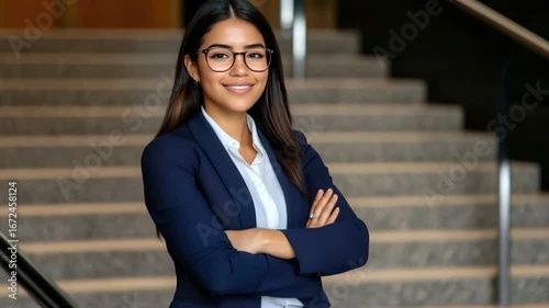 A confident woman stands on a staircase with arms crossed, representing professionalism and determination in a work setting
